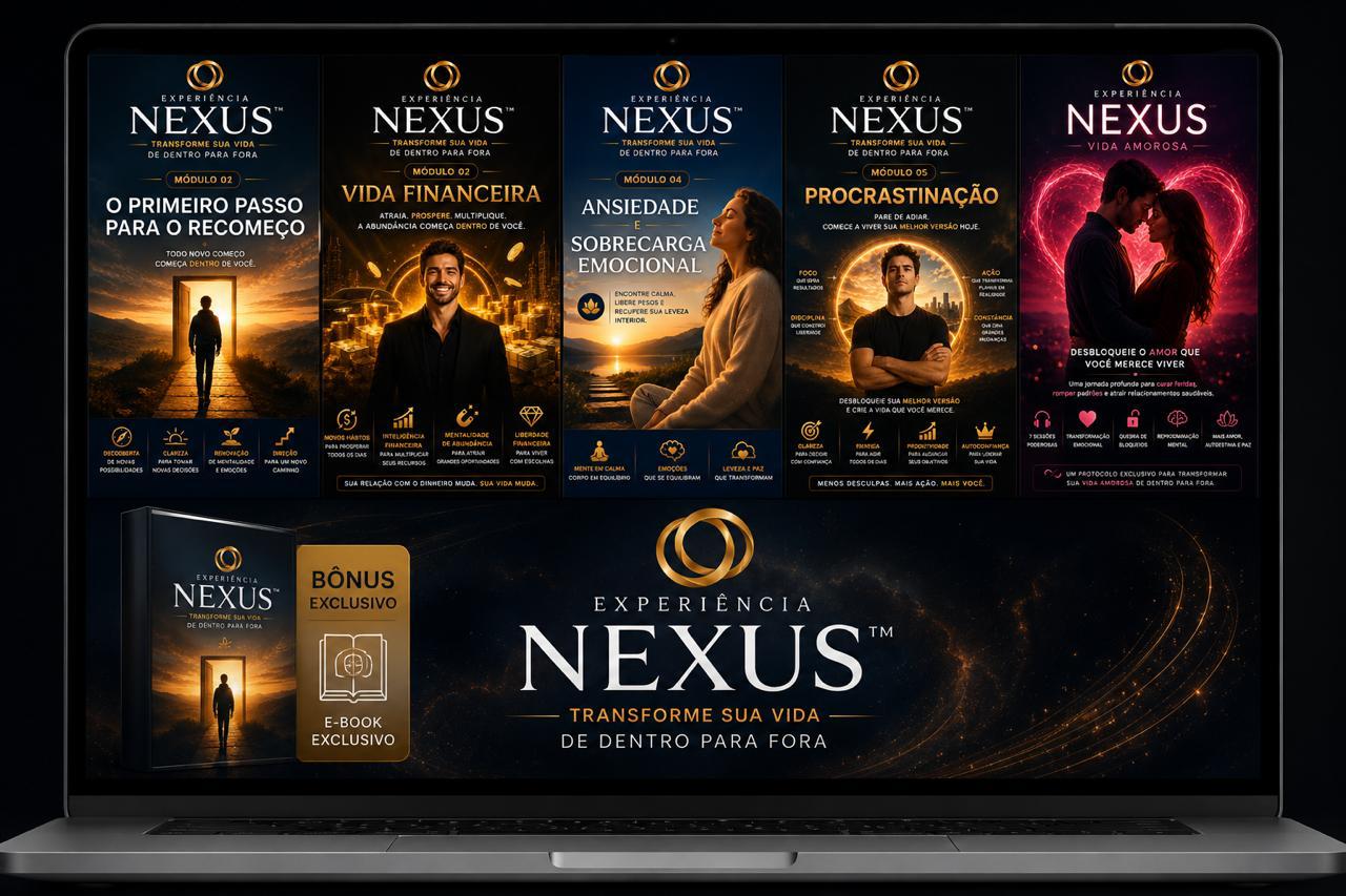 Mockup da Experiência Nexus: as capas dos 5 módulos e o bônus ebook, no computador